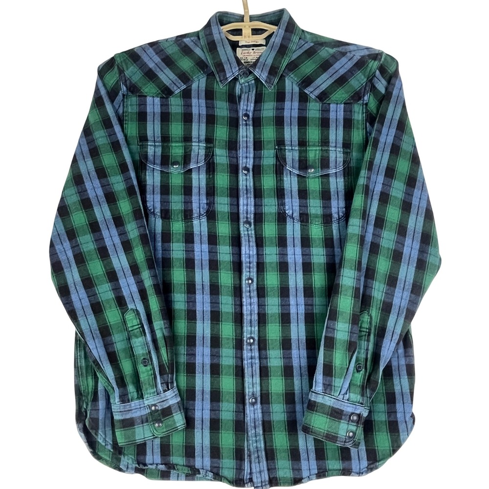 Lucky Brand Western‎ Shirt Mens Medium (M) Green Blue Plaid Pearl Snap Flannel